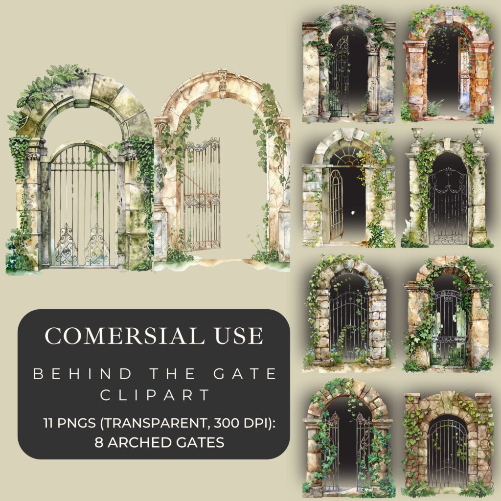 Arched Gates – Watercolor Clipart (Set of 11 PNG • 300 dpi • Transparent)